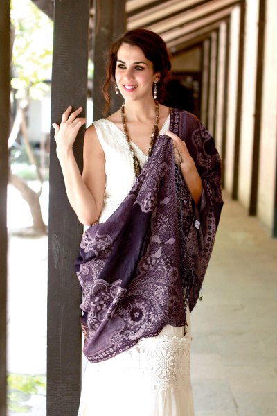 Jamawar wool shawl, 'Lavender Extravaganza' - Jamawar Style Wool Shawl Wrap in Pale Purple over Black