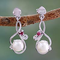 Cultured pearl and ruby dangle earrings, 'Graceful Beauty' - Pearl and Ruby Sterling Silver Drop Earrings
