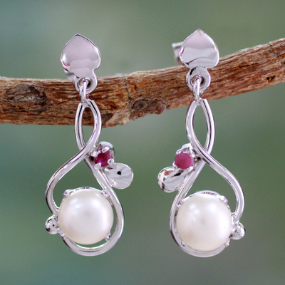Cultured pearl and ruby dangle earrings, 'Graceful Beauty' - Modern Pearl and Ruby Earrings