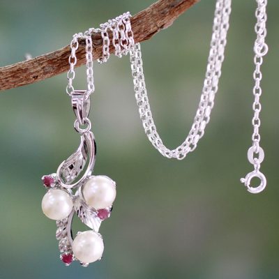 Cultured pearl and ruby pendant necklace, 'Radiance' - Hand Crafted Pearl and Ruby Necklace