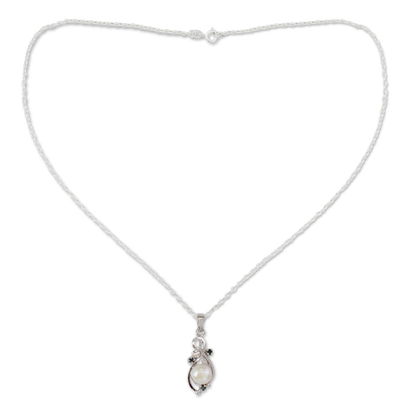 Cultured pearl and emerald pendant necklace, 'Romantic Soul' - Fair Trade Pearl and Emerald Necklace