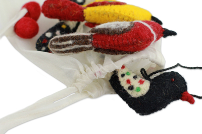 Wool ornaments, 'Four Calling Birds' (set of 4) - Fair Trade Wool Bird Ornaments (set of 4)