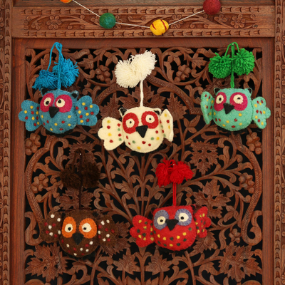 Wool ornaments, 'Happy Pompom Owls' (set of 5) - Handcrafted Wool Felt Owl Ornaments from India (set of 5)