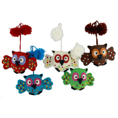 Wool ornaments, 'Happy Pompom Owls' (set of 5) - Handcrafted Wool Felt Owl Ornaments from India (set of 5)