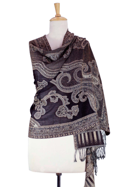 Jamawar wool shawl, 'Earthen Splendor' - Brown and Beige Jamawar Style Shawl