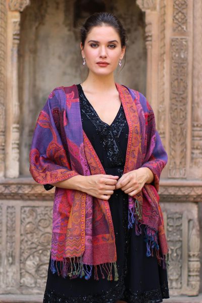 Jamawar wool shawl, 'New Delhi Afternoon' - Jamawar Style Wool Paisley Shawl