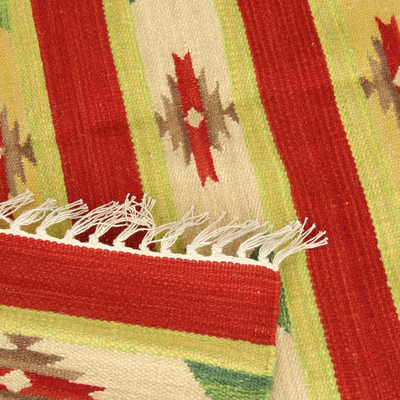Wollteppich, Scarlet Garden (4x6) - Roter und gelber handgewebter Dhurrie-Teppich aus Wolle (4 x 6)