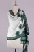 Jamawar wool shawl, 'Floral Waves' - Cream Color Wool Jamawar Shawl Wrap with Green and Lilac
