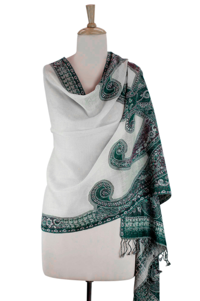 Mantón de lana Jamawar - Chal Jamawar de lana color crema con verde y lila