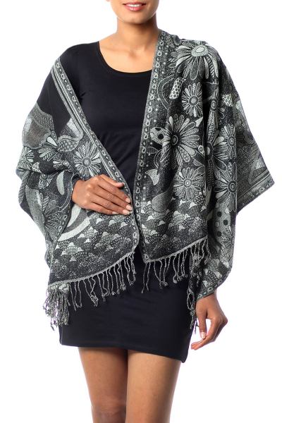 Jamawar wool shawl, 'Daisy Realm' - Black and grey Wool Jamawar Shawl Wrap