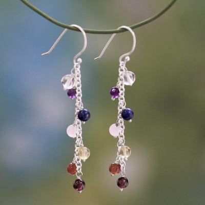 Multi-gemstone chakra earrings, 'Tranquility' - Gemstone Chakra Theme Waterfall Earrings