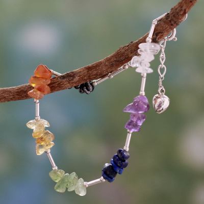 Multi-gemstone chakra bracelet, 'Sense of Peace' - Multi Gemstone Sterling Silver Bracelet Chakra Jewelry