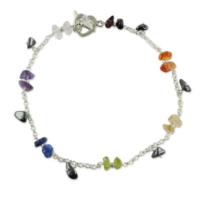 Multi-gemstone chakra anklet, 'Balance Within' - Multi Gemstone Sterling Silver Anklet Chakra Jewelry