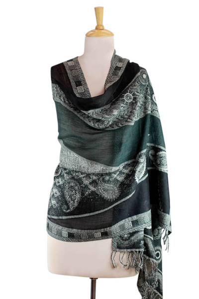 Warm Jamawar Shawl Wool Wrap from India - Paisley Mandalas | NOVICA