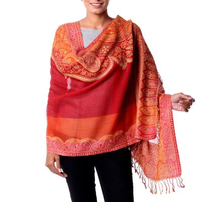 Jamawar wool shawl, 'Crimson Riches' - Red Orange Yellow Jamawar Wool Shawl