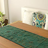 Embroidered table runner, 'Forest Green Wonderland' - Embellished Green Velvet Table Runner