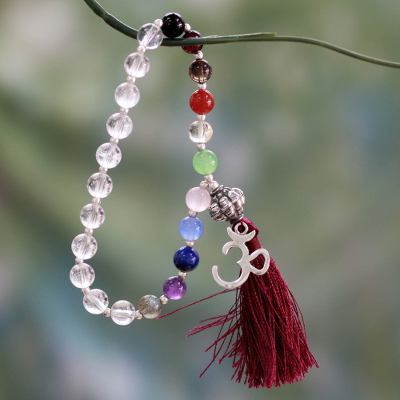 Multi-gemstone chakra bracelet, 'Harmony' - Quartz Chakra Bracelet Multigems and Silver Om Charm