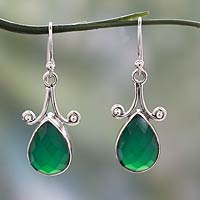 Sterling silver dangle earrings, 'Himalaya Muse' - Sterling Silver and Green Onyx Hook Earrings