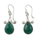 Sterling silver dangle earrings, 'Himalaya Muse' - Sterling Silver and Green Onyx Hook Earrings