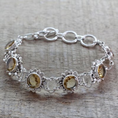 Citrine flower bracelet, 'Hindu Sunflowers' - Sterling Silver Link Bracelet with 11.5 Cts Citrine