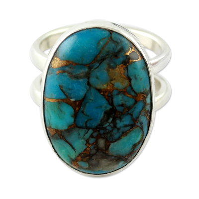 Sterling silver single stone ring, 'Blue Island' - Blue Composite Turquoise Sterling Silver Ring