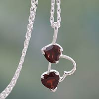 Garnet heart necklace, 'Romantic Triad' - Garnet and Sterling Silver Heart Necklace