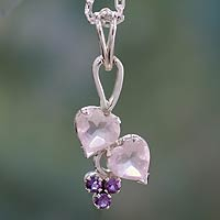 Rose quartz and amethyst heart necklace, 'Celebrate Love' - Heart Amethyst and Quartz Pendant Necklace