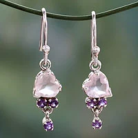 Rose quartz and amethyst heart earrings, 'Celebrate Love' - Rose Quartz and Amethyst Heart Hook Earrings