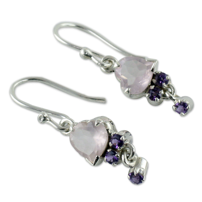 Rose quartz and amethyst heart earrings, 'Celebrate Love' - Rose Quartz and Amethyst Heart Hook Earrings