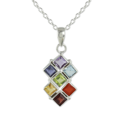 Multi-gemstone chakra necklace, 'Wellness' - Multi Gemstone Sterling Silver Necklace Chakra Jewellery