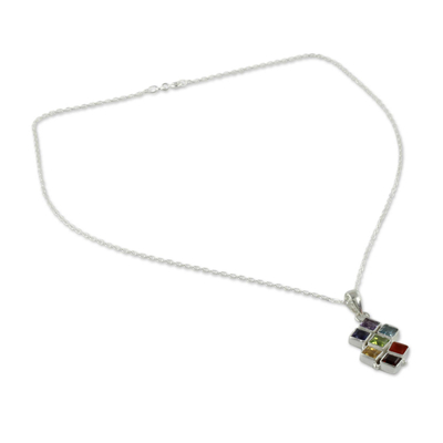 Multi-gemstone chakra necklace, 'Wellness' - Multi Gemstone Sterling Silver Necklace Chakra Jewelry