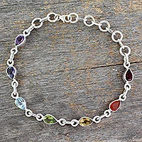 Multi-gemstone chakra bracelet, 'Inner Glow' - Sterling Silver Bracelet Multi Gemstone Chakra Jewellery