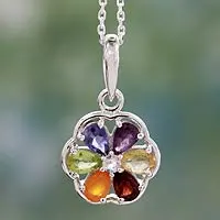 Multi-gemstone chakra necklace, 'Energy Bloom' - Floral Chakra Jewellery Multi Gem Necklace