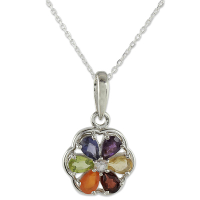 Multi-gemstone chakra necklace, 'Energy Bloom' - Floral Chakra Jewelry Multi Gem Necklace