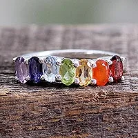 Anillo de chakra de múltiples piedras preciosas, 'Positividad' - Joyería de chakra de anillo de plata de ley con múltiples piedras preciosas