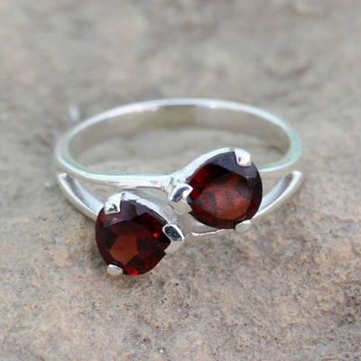 Garnet cocktail ring, 'Encounters' - Garnet and Sterling Silver Ring Handcrafted Jewelry