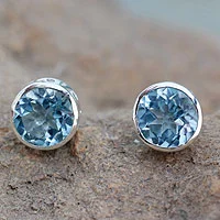 Blue topaz stud earrings, 'Spark of Life' - Blue Topaz Stud Earrings Sterling Silver Jewelry