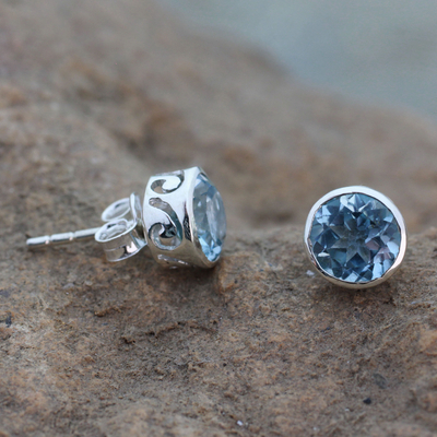 Blue topaz stud earrings, 'Spark of Life' - Blue Topaz Stud Earrings Sterling Silver Jewellery