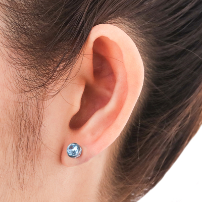 Blue topaz stud earrings, 'Spark of Life' - Blue Topaz Stud Earrings Sterling Silver Jewelry