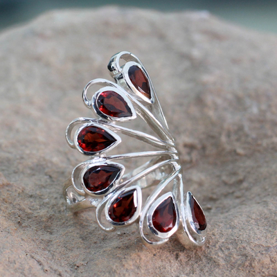 Garnet cocktail ring, 'Wing of Love' - 3.5 Cts Garnet and Sterling Silver Ring from India Jewelry