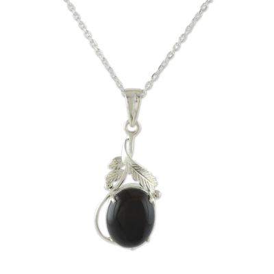 Onyx pendant necklace, 'Mystic Treasure' - Sterling Silver Necklace with Onyx Leafy Pendant
