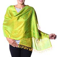 Varanasi silk shawl, 'Banaras Yellow' - Hand Woven Yellow Shawl Wrap with Green Flowers