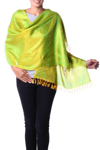 Varanasi silk shawl, 'Banaras Yellow' - Hand Woven Yellow Shawl Wrap with Green Flowers