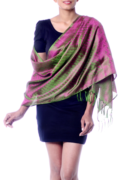 Varanasi silk shawl, 'Banaras Green' - Varanasi Silk Shawl Hand Woven Wrap