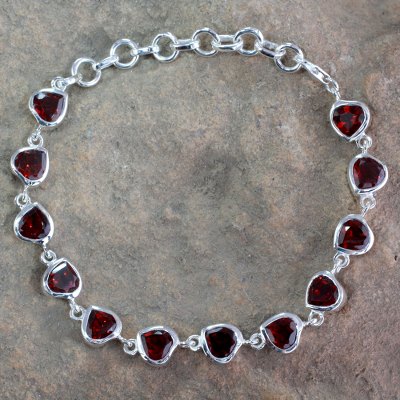 Garnet tennis bracelet, 'Romance All Around' - Romantic Garnet Heart Bracelet