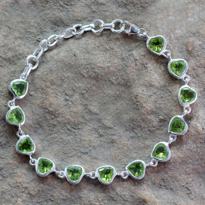 Peridot tennis bracelet, 'Romance All Around' - Romantic Peridot Heart Bracelet