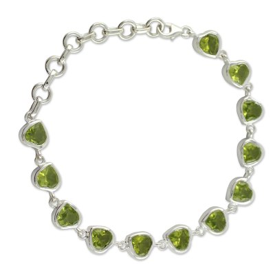 Peridot tennis bracelet, 'Romance All Around' - Romantic Peridot Heart Bracelet