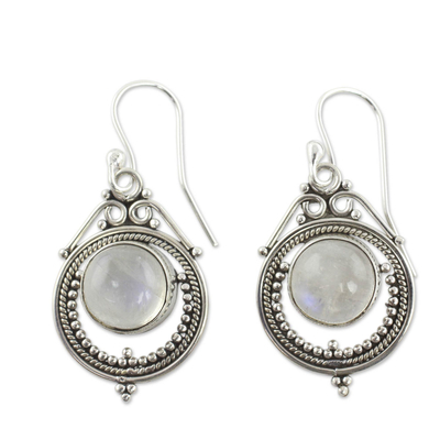 Rainbow moonstone dangle earrings, 'Mumbai Moons' - Handcrafted Rainbow Moonstone and Sterling Silver Earrings