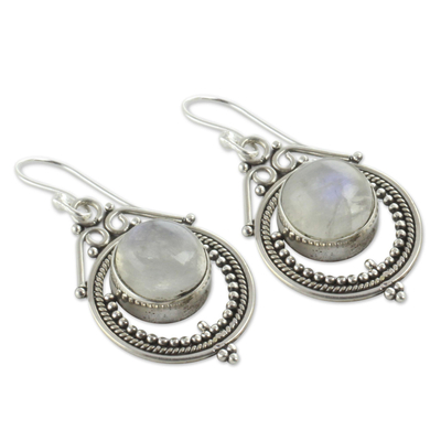 Rainbow moonstone dangle earrings, 'Mumbai Moons' - Handcrafted Rainbow Moonstone and Sterling Silver Earrings