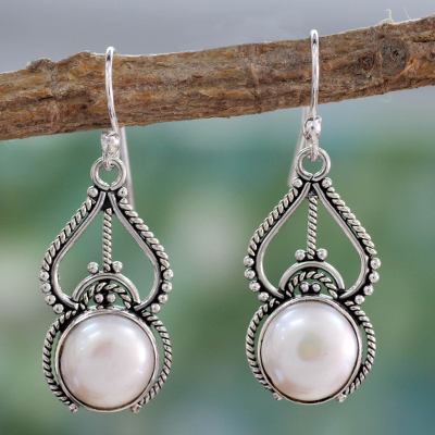 Cultured pearl dangle earrings, 'Mughal Majesty' - White Pearl and Sterling Silver Hook Earrings